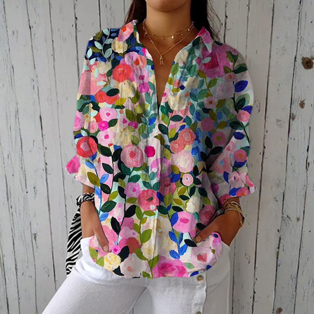 Sílvia - Weisse Bluse mit handgemaltem Blumenmuster