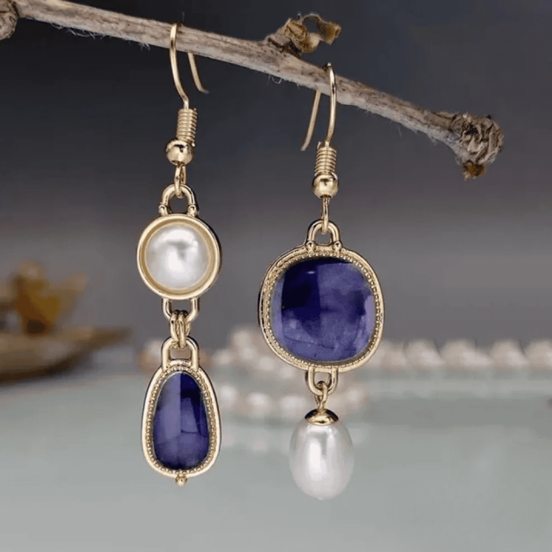 Gold Drop Earrings Fionnuala with Lapis and Pearl