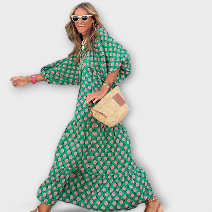 Elegantes grünes Maxikleid mit geometrischem Muster
