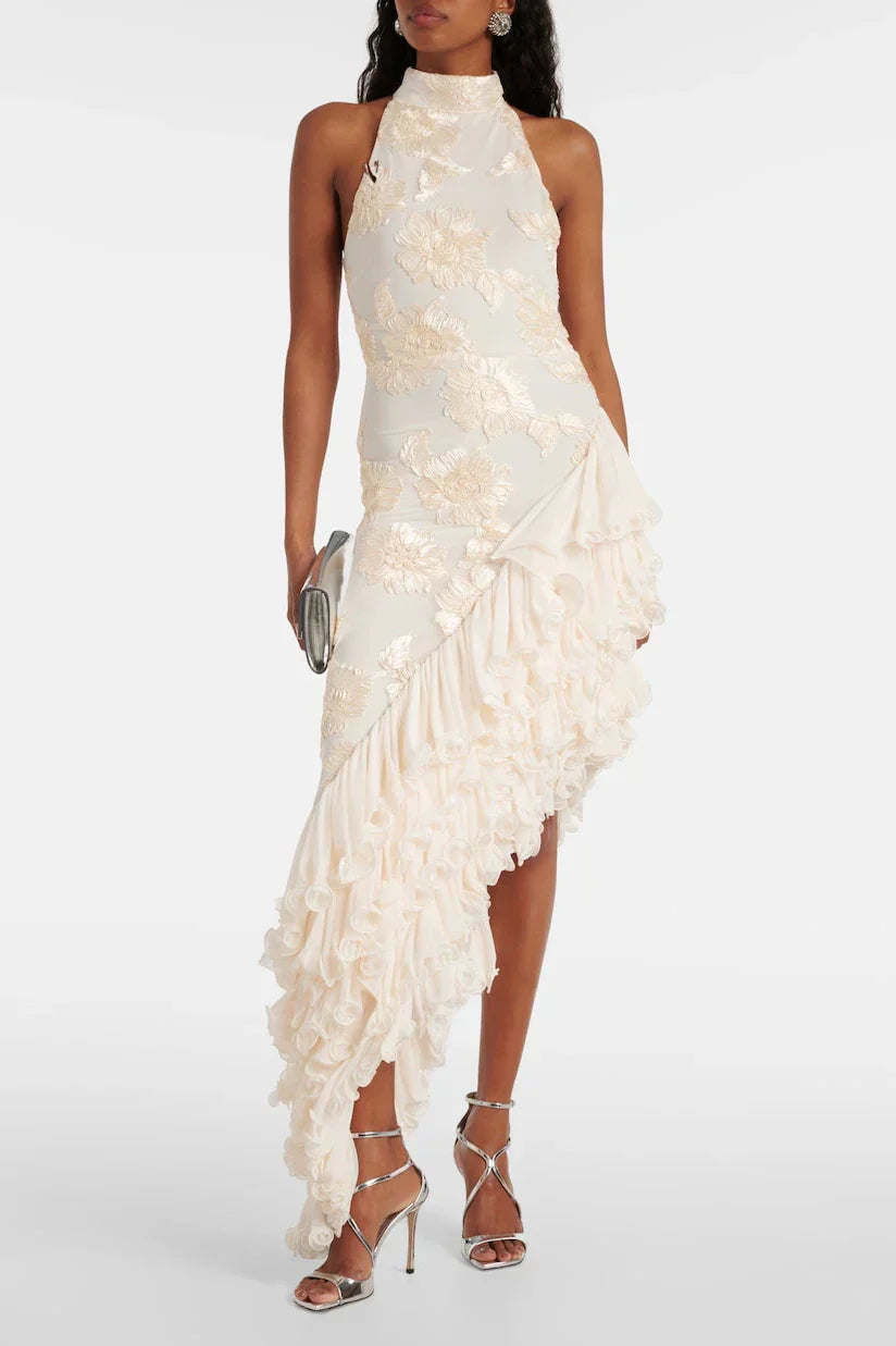 Karen - Cremefarbenes Maxikleid mit Blütenapplikationen