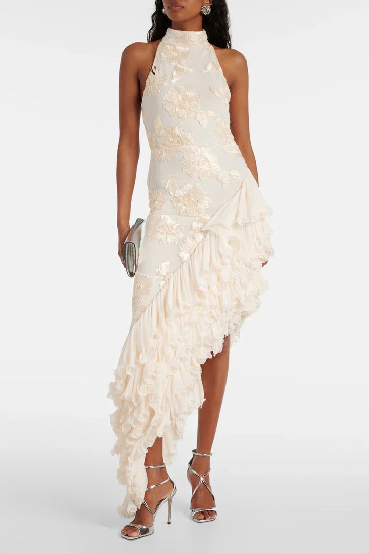 Karen - Cremefarbenes Maxikleid mit Blütenapplikationen