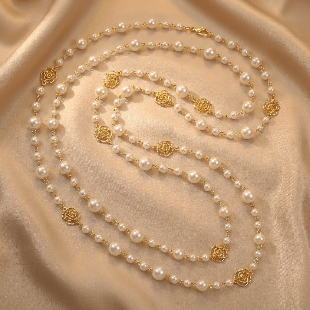 Gold-Plated Pearl Necklace Nuala with Rose Motifs