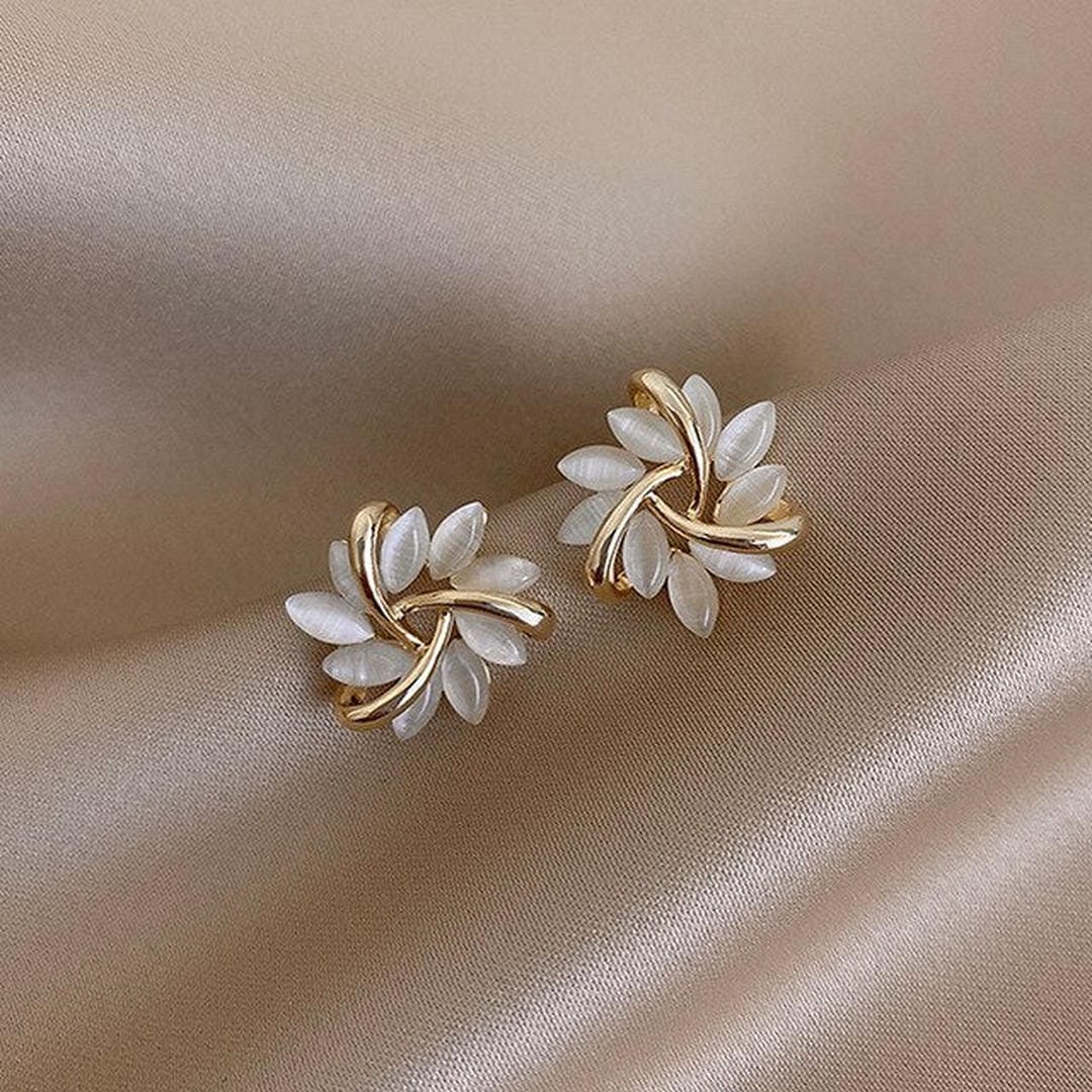 Gold Stud Earrings Deirbhile with White Opal Blooms