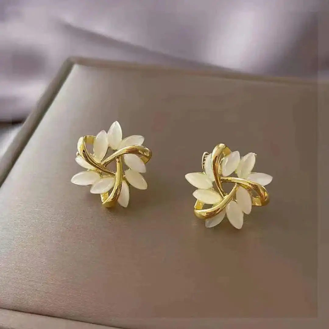 Gold Stud Earrings Aoife with White Opal Petals