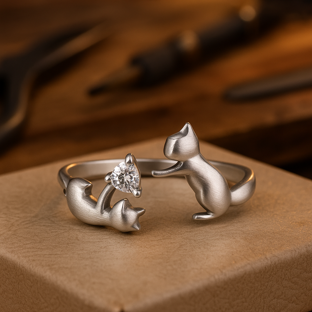 Silver Adjustable Ring Cara with Cat Motif