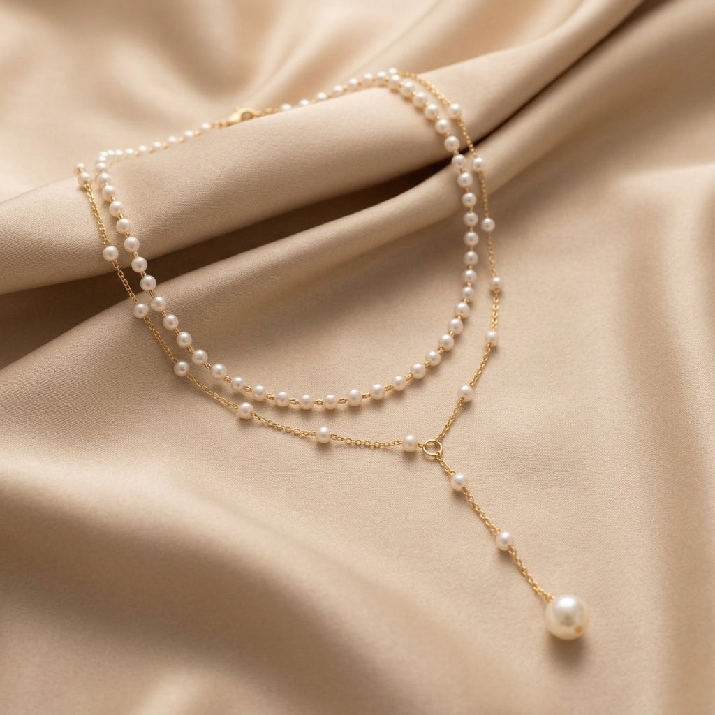 Gold Beaded Necklace Aoife with Pearl Lariat Drop