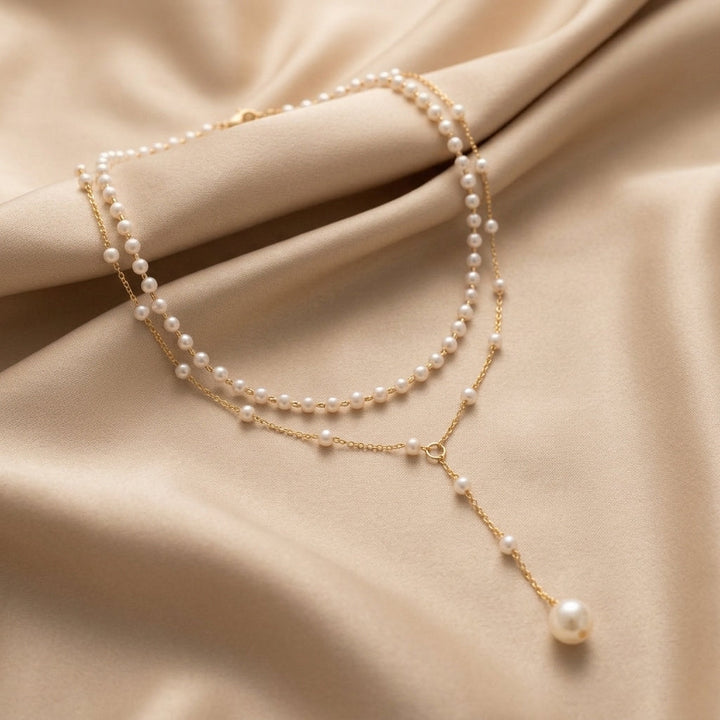 Gold Beaded Necklace Aoife with Pearl Lariat Drop