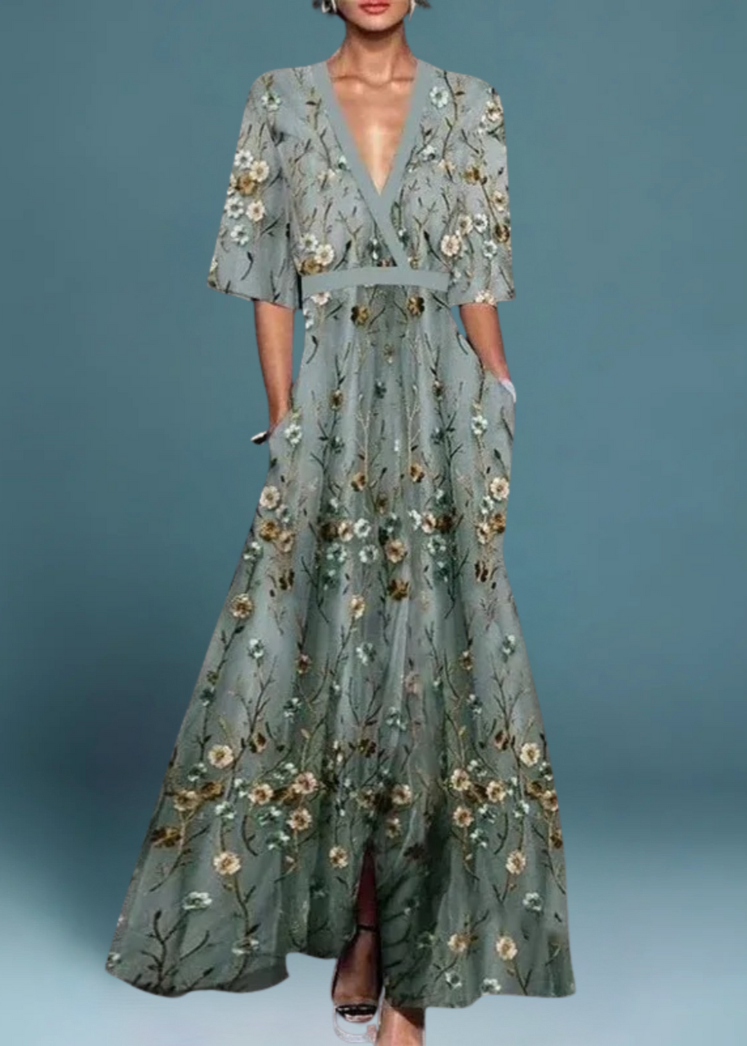 Rute - Graugrünes Maxikleid mit floralem Muster