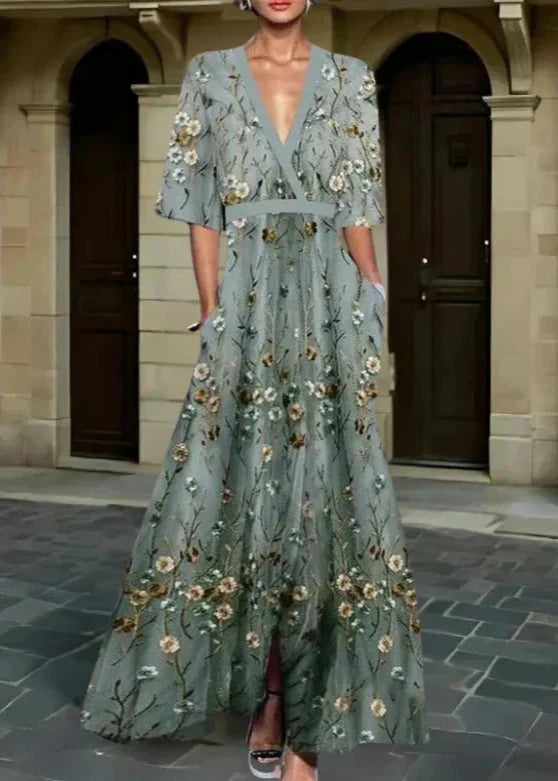 Rute - Graugrünes Maxikleid mit floralem Muster