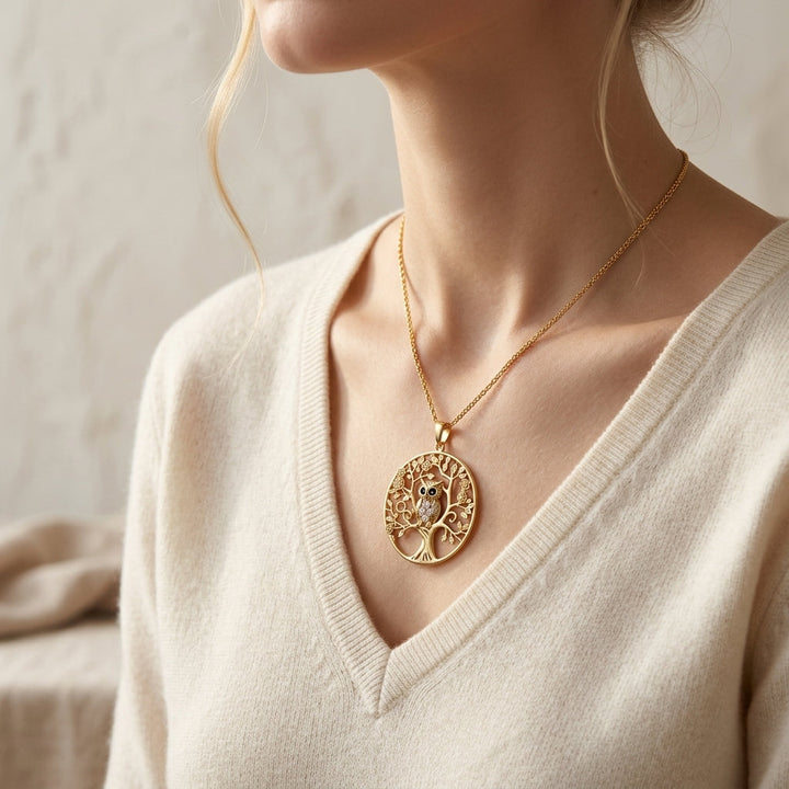 Gold Necklace Gráinne with Owl and Tree of Life