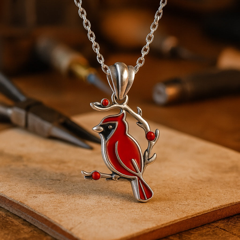 Silver Necklace Bríd with Red Cardinal