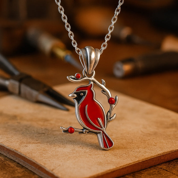 Silver Necklace Bríd with Red Cardinal