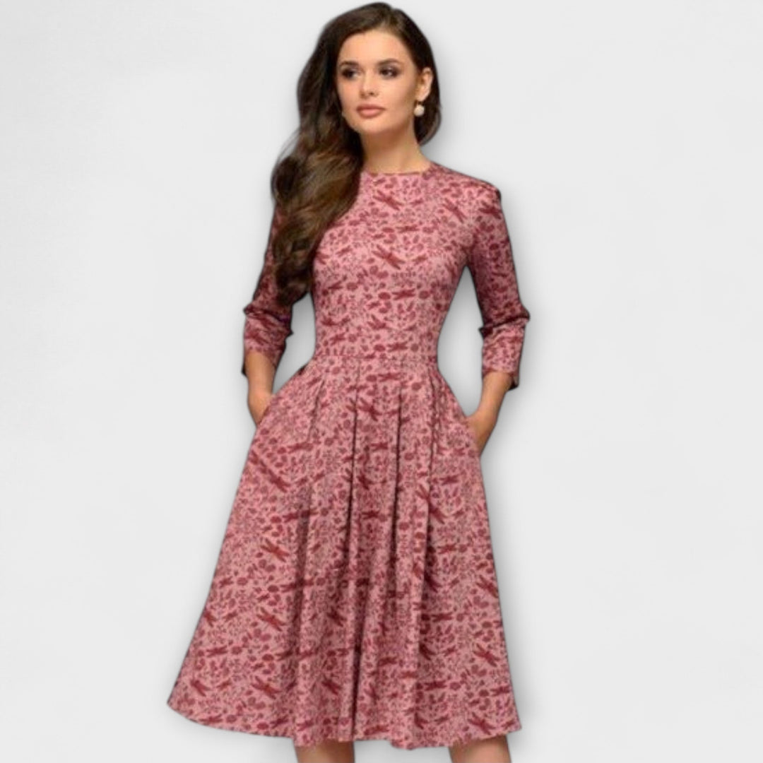 Retrozo - Cremefarbenes knielanges Kleid mit Blüten