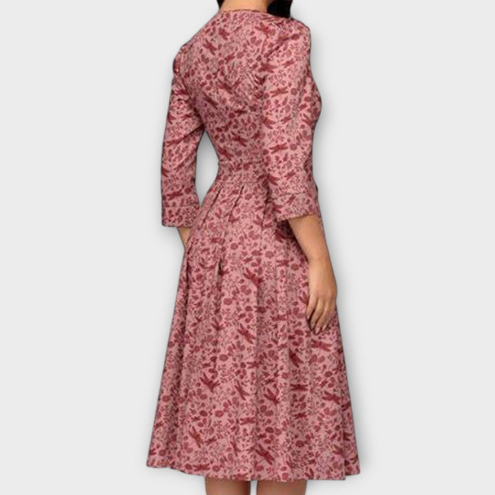 Retrozo - Cremefarbenes knielanges Kleid mit Blüten