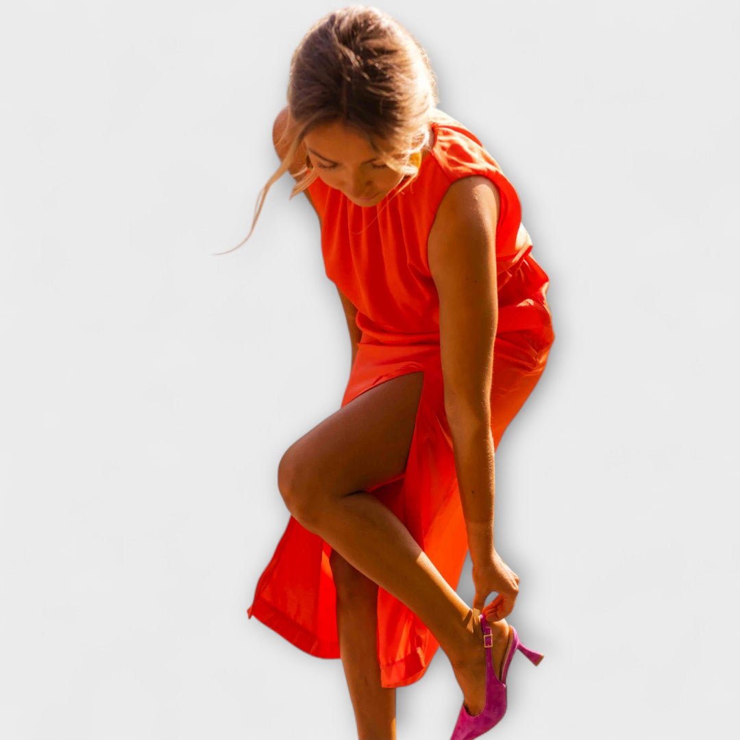 Liene - Rotes elegantes Midikleid mit Schlitz
