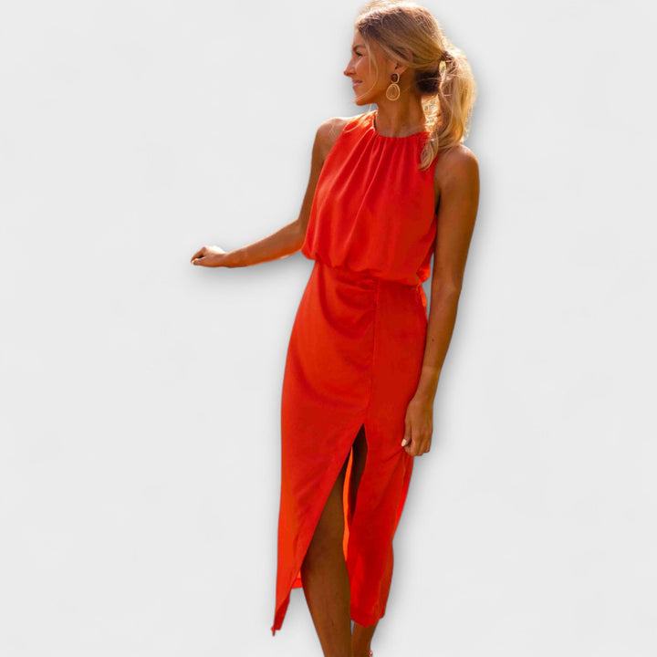 Liene - Rotes elegantes Midikleid mit Schlitz
