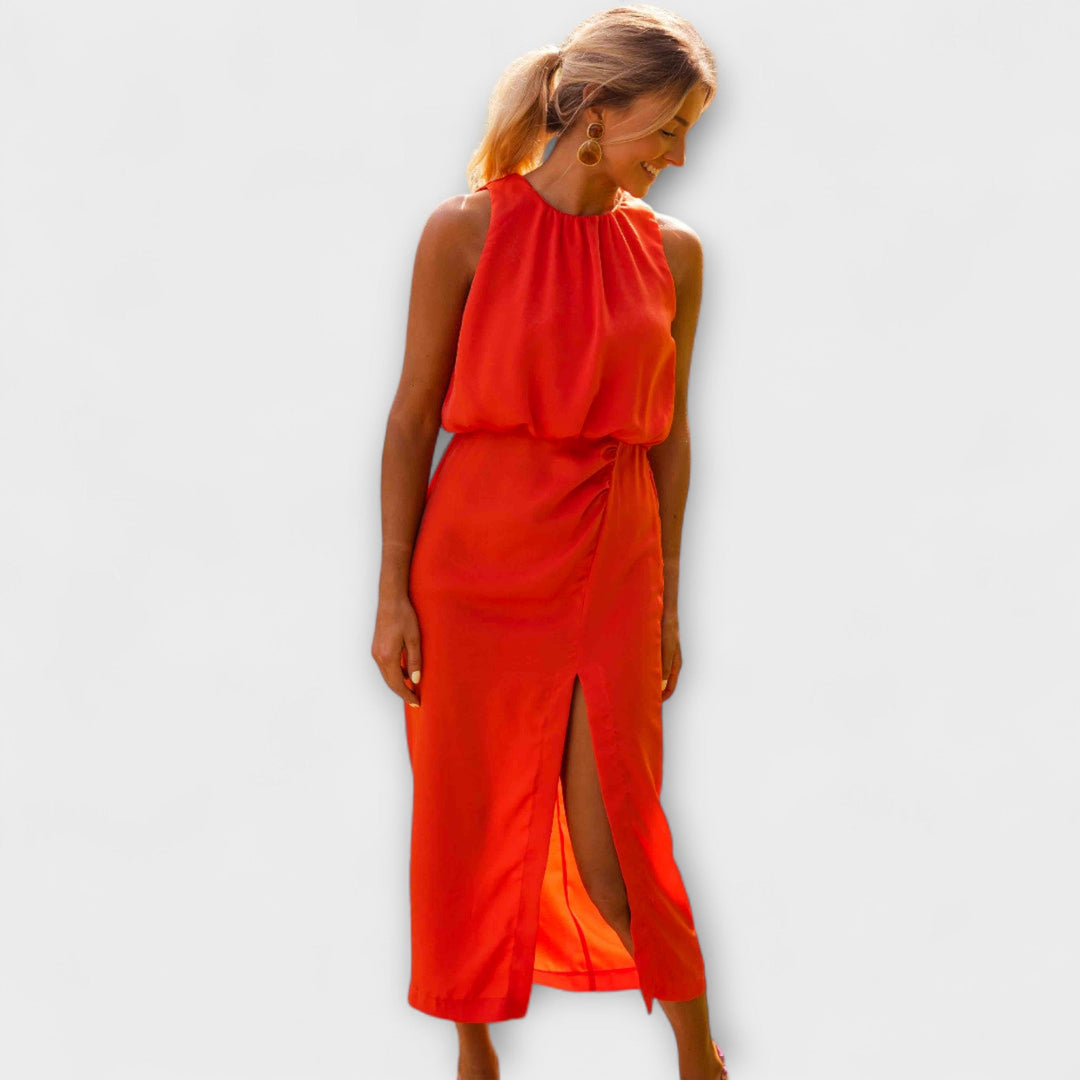 Liene - Rotes elegantes Midikleid mit Schlitz