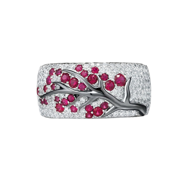 White Gold Ring with Ruby and Blossom Branch Motif