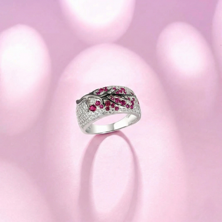White Gold Ring with Ruby and Blossom Branch Motif