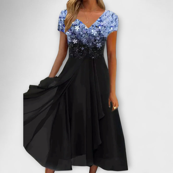Lara - Schwarzes Chiffon-Partykleid mit Blütenoberteil