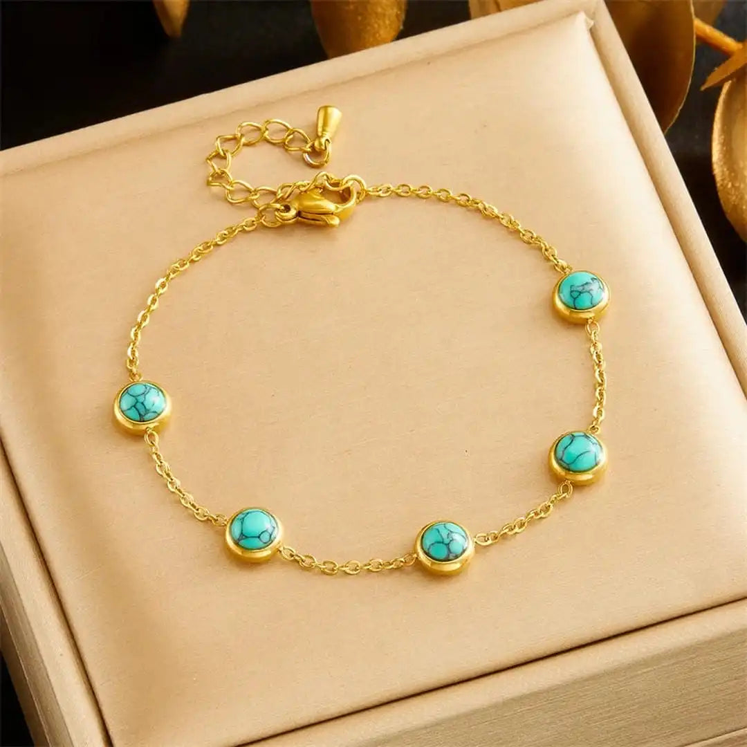 Gold Turquoise Bracelet, Necklace & Earrings Set