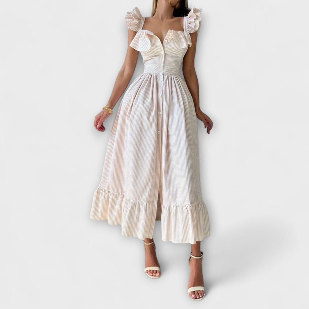 Lia - Cremefarbenes Rüschenshirt-Maxikleid