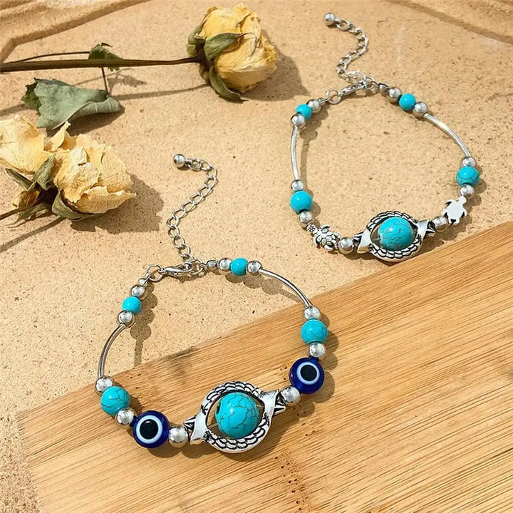 Antique Silver Beaded Bracelet with Turquoise & Evil Eye