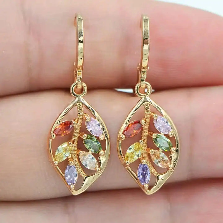 Gold Drop Earrings with Multicolour Crystal Leaf Motif