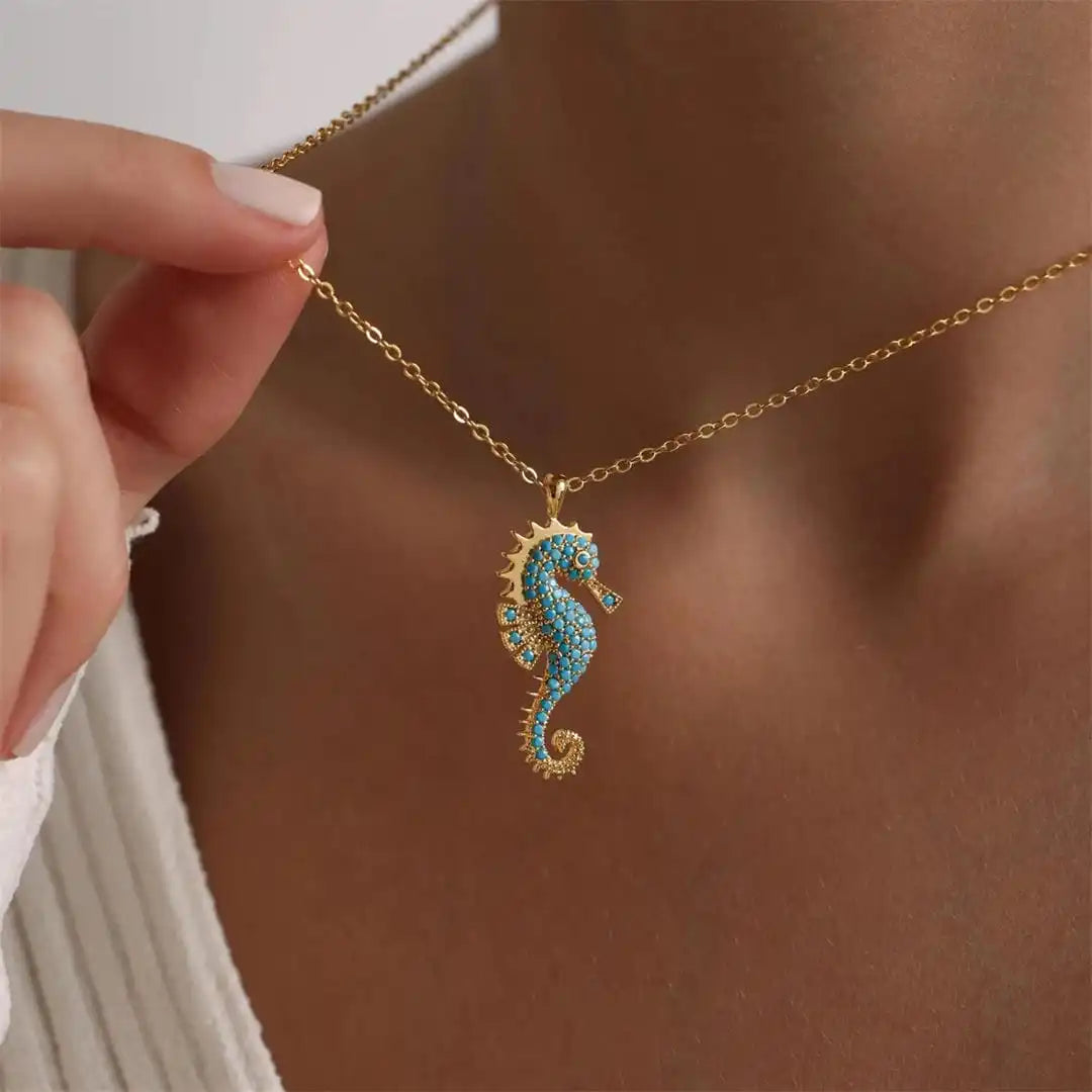 Gold Necklace Clíodhna with Turquoise Seahorse
