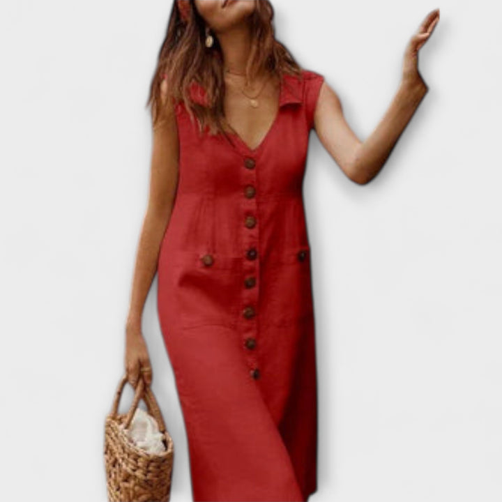 Nora - Rotes A-Linien-Kleid aus Leinen mit Knopfleiste