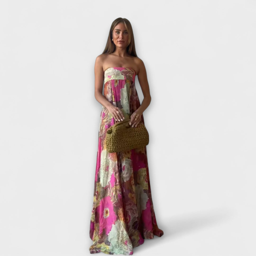 Schickes trägerloses Plissee-Maxikleid mit Blütenmuster