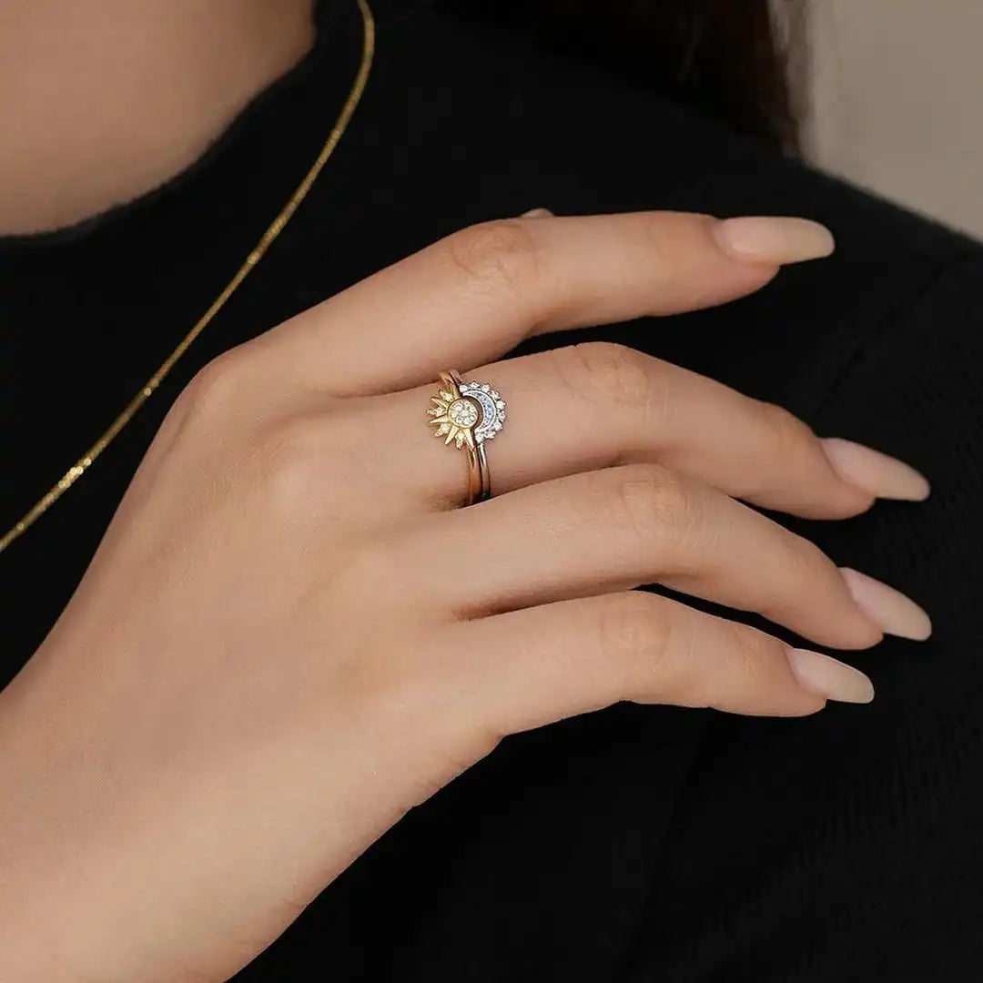 Gold & Silver Ring Set Aoife with Sun & Moon Motif