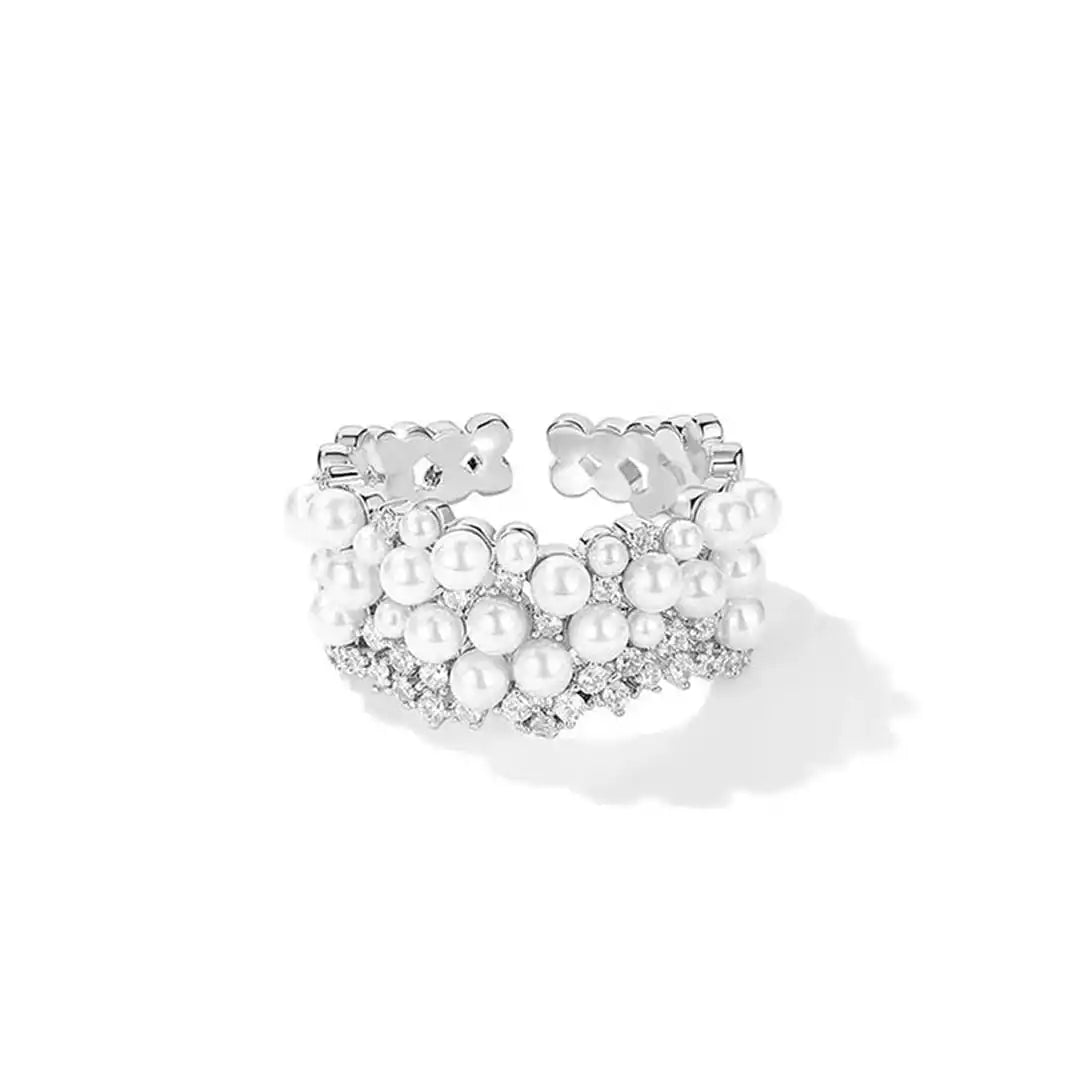 Gold Adjustable Ring Róisín with Pearls and Zirconia