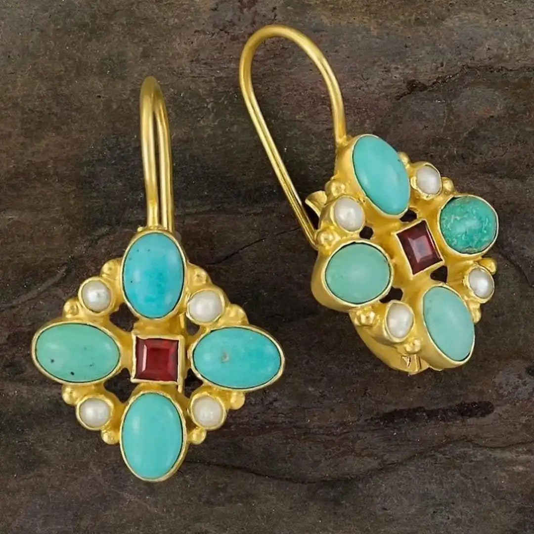 Gold Drop Earrings with Turquoise, Pearls and Garnet