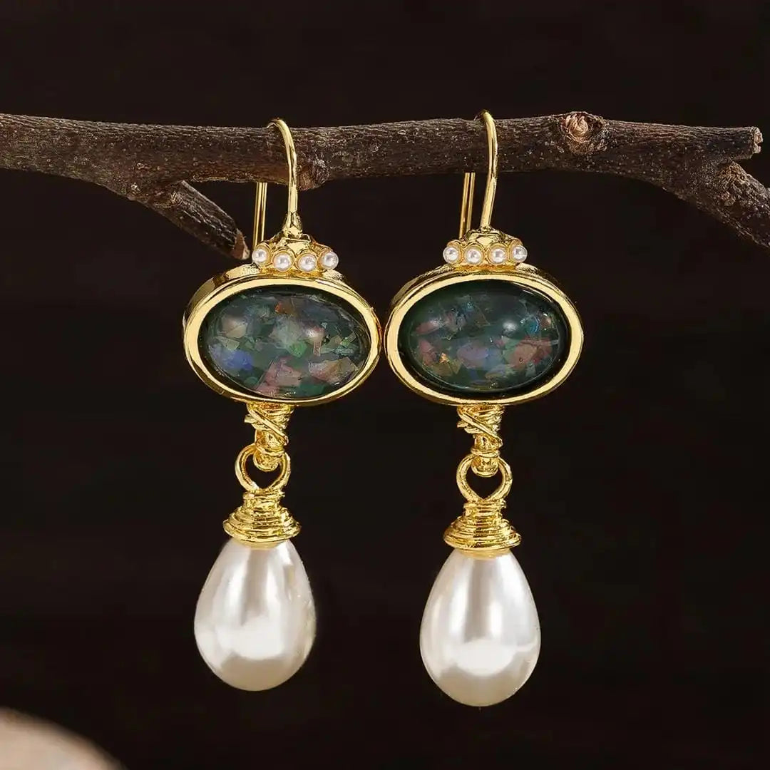 Gold Drop Earrings Siobhán with Opal and Pearl