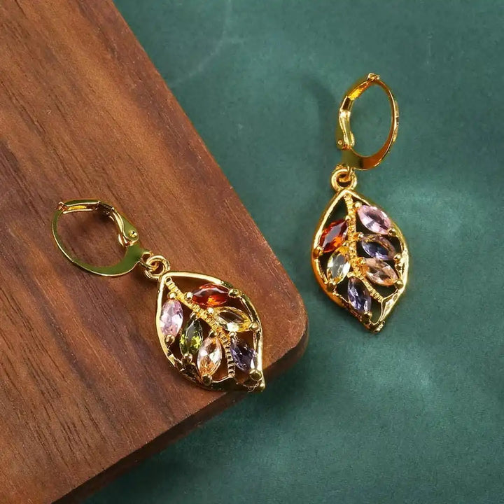 Gold Drop Earrings Galway with Multicoloured Crystals