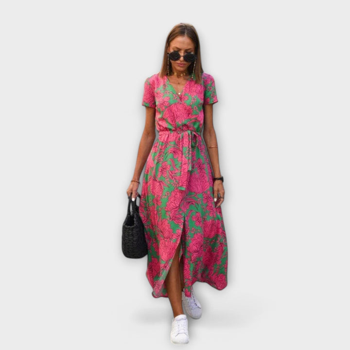 Eshel - Pink-grünes bequemes Kleid mit Blütenmuster