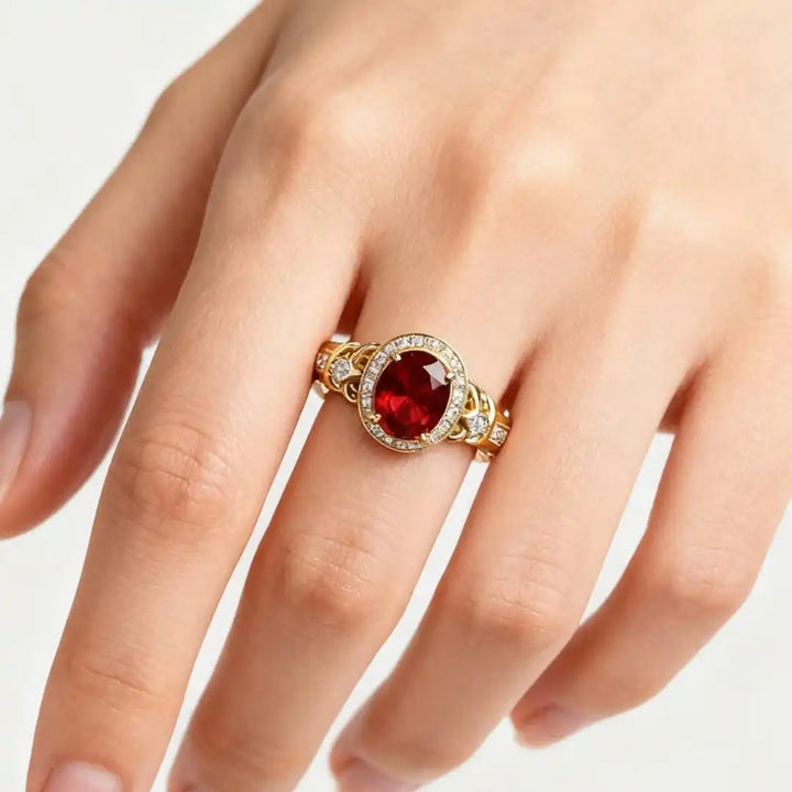 Gold Ring Muirne with Ruby Halo