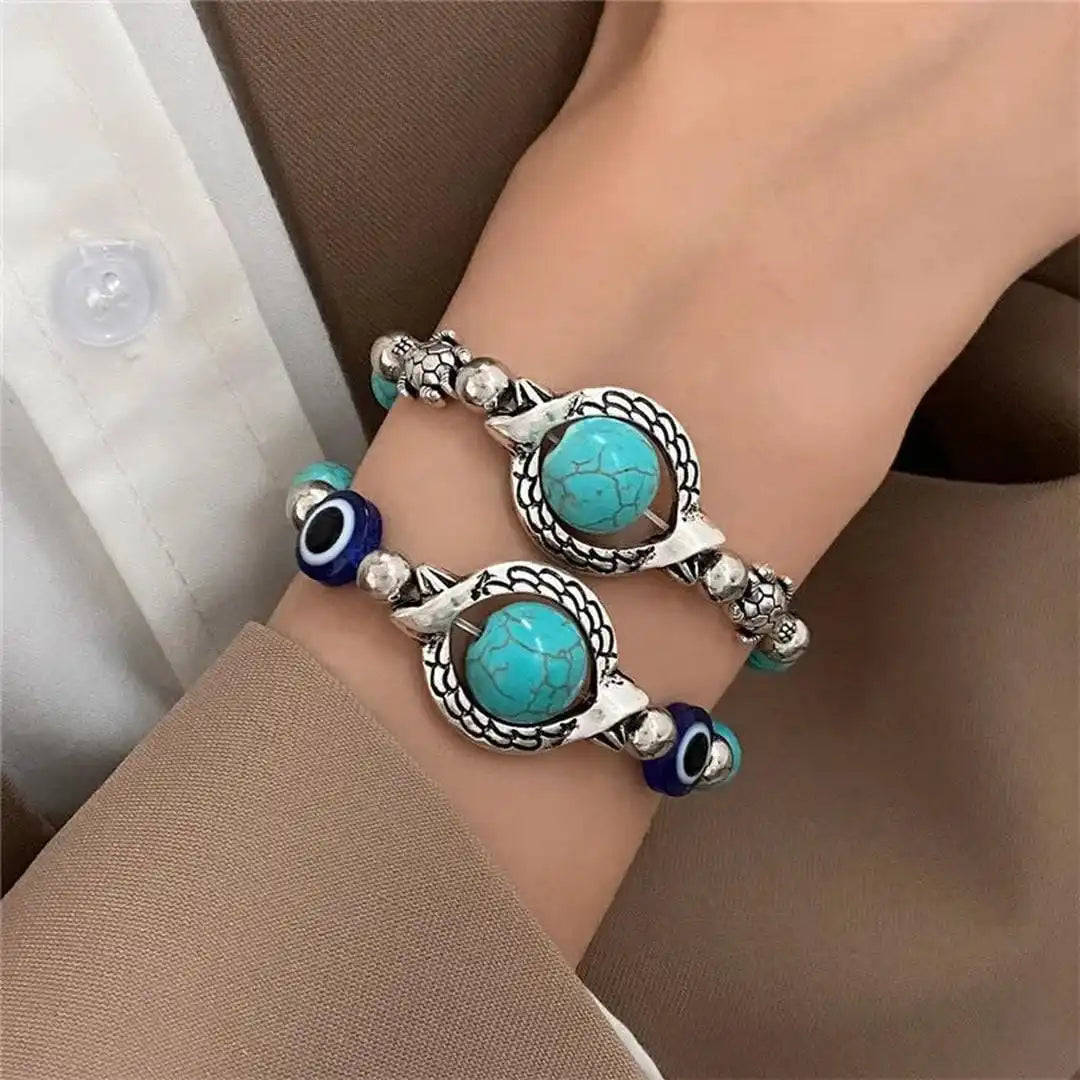 Antique Silver Beaded Bracelet with Turquoise & Evil Eye