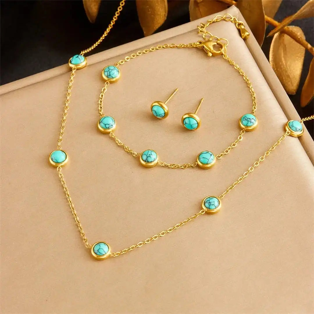 Gold Turquoise Bracelet, Necklace & Earrings Set