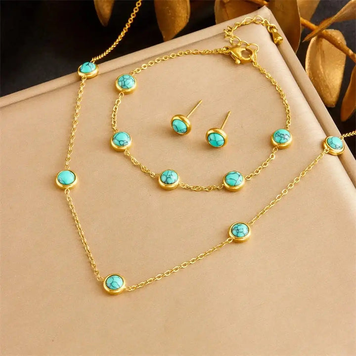 Gold Turquoise Necklace, Earrings and Bracelet Set