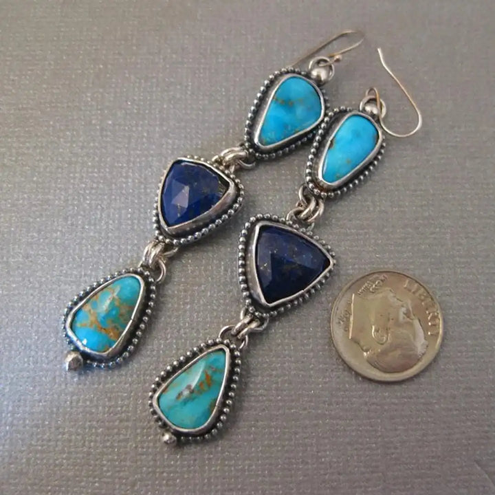 Silver Drop Earrings with Turquoise and Lapis Stones