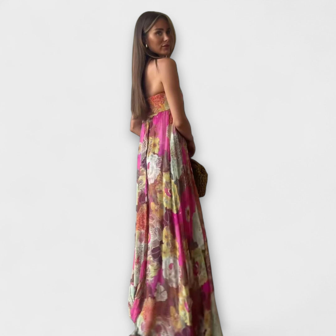 Schickes trägerloses Plissee-Maxikleid mit Blütenmuster