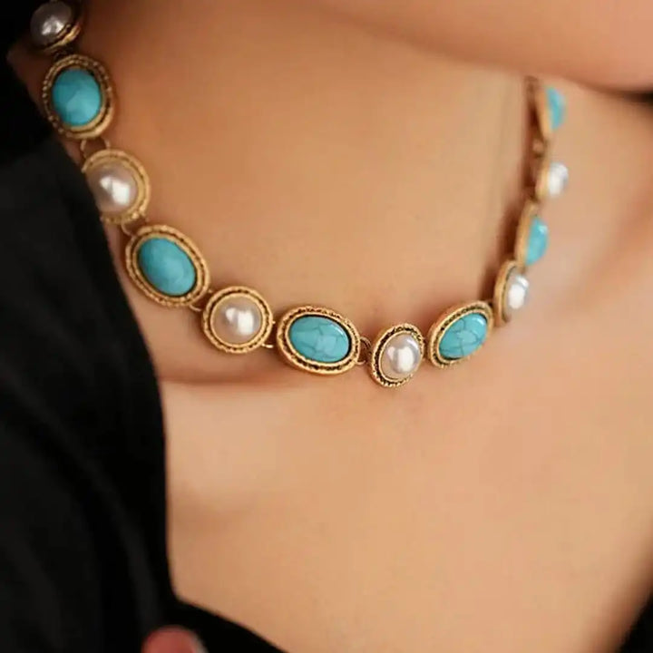 Antique Gold Necklace Set with Turquoise and Pearls