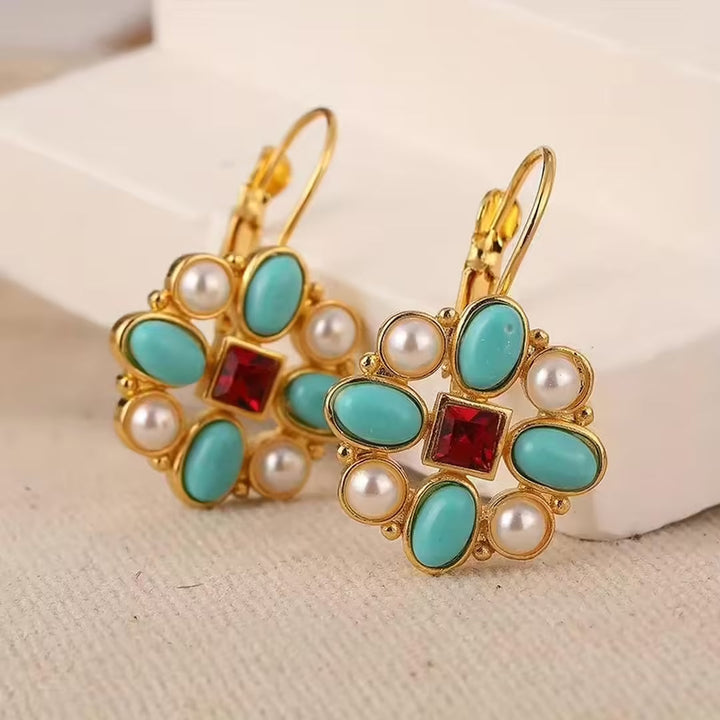 Gold Drop Earrings with Turquoise, Pearls and Garnet