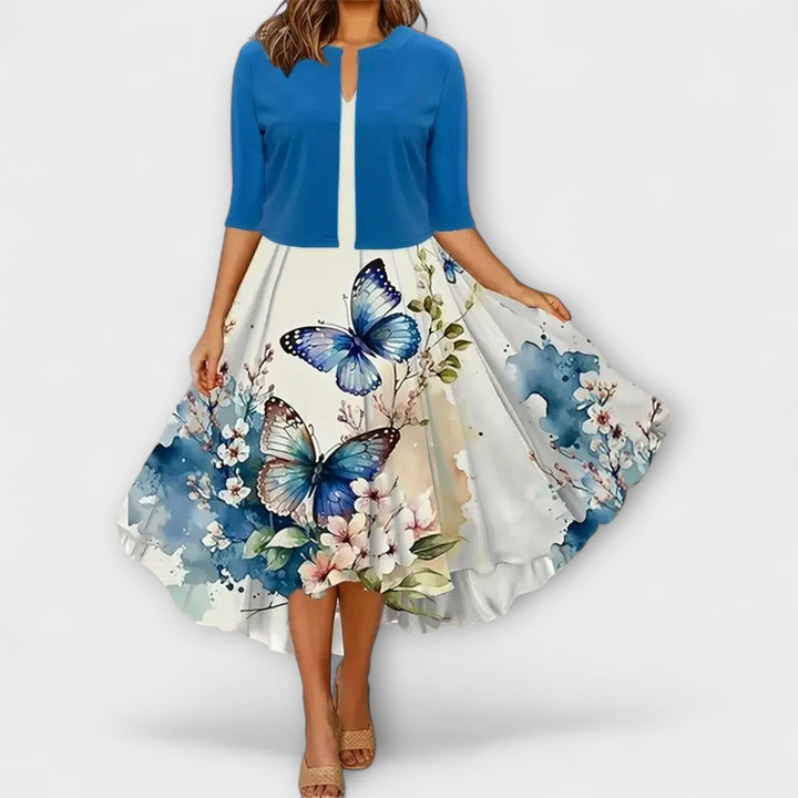 Damen-Midikleid mit Blazer in Blau und Weiss