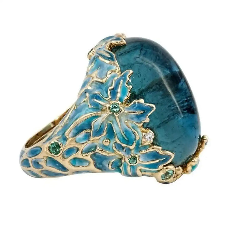 Gold Statement Ring with Blue Stone and Enamel Flowers