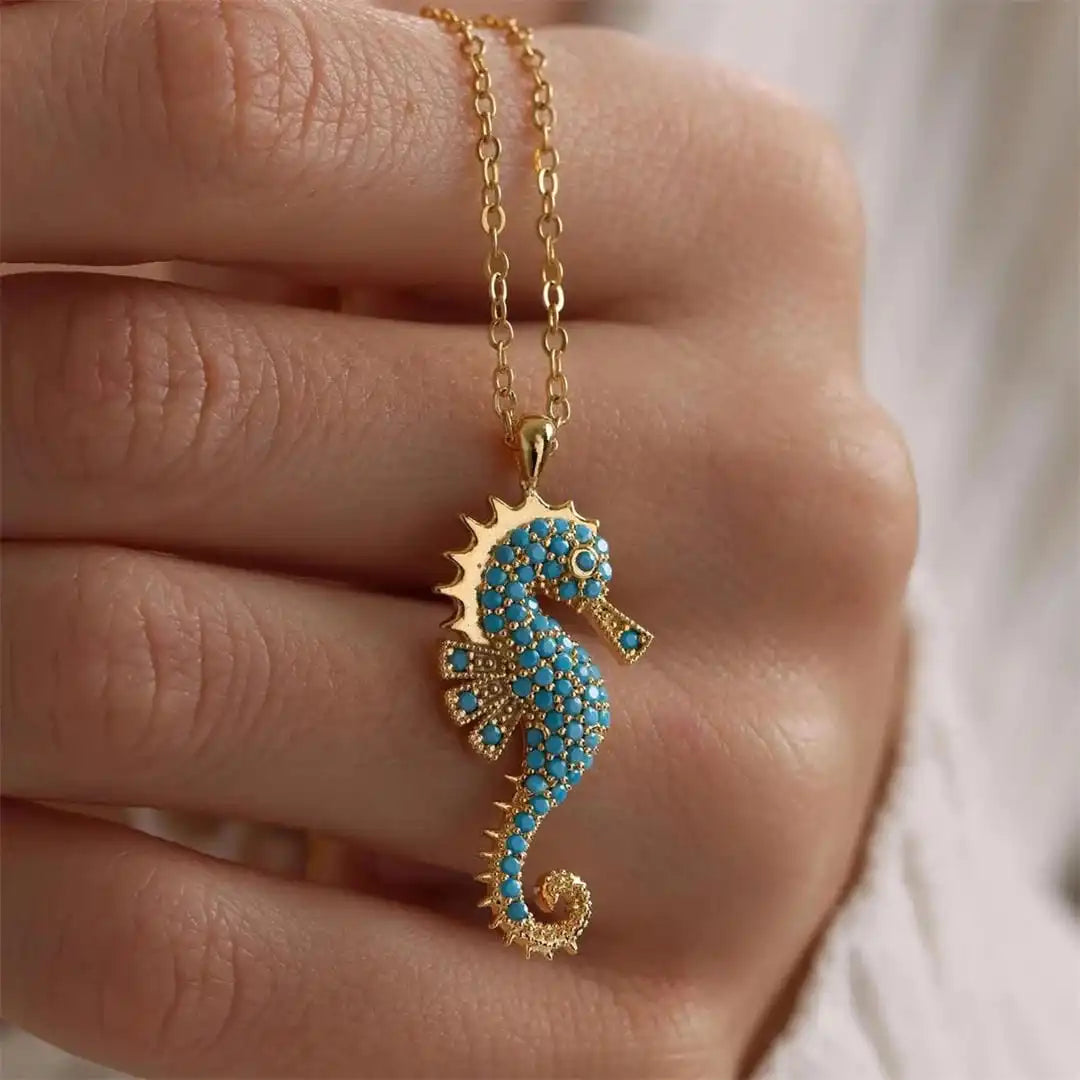 Gold Necklace Clíodhna with Turquoise Seahorse