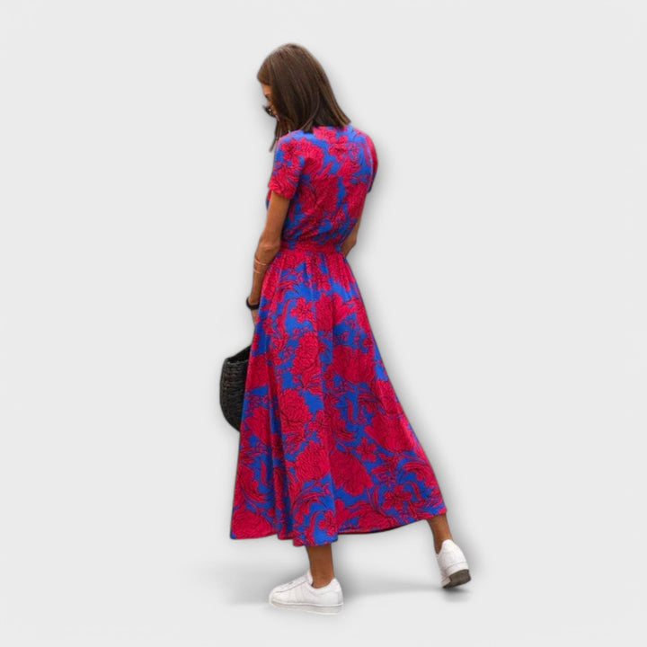 Eshel - Pink-grünes bequemes Kleid mit Blütenmuster