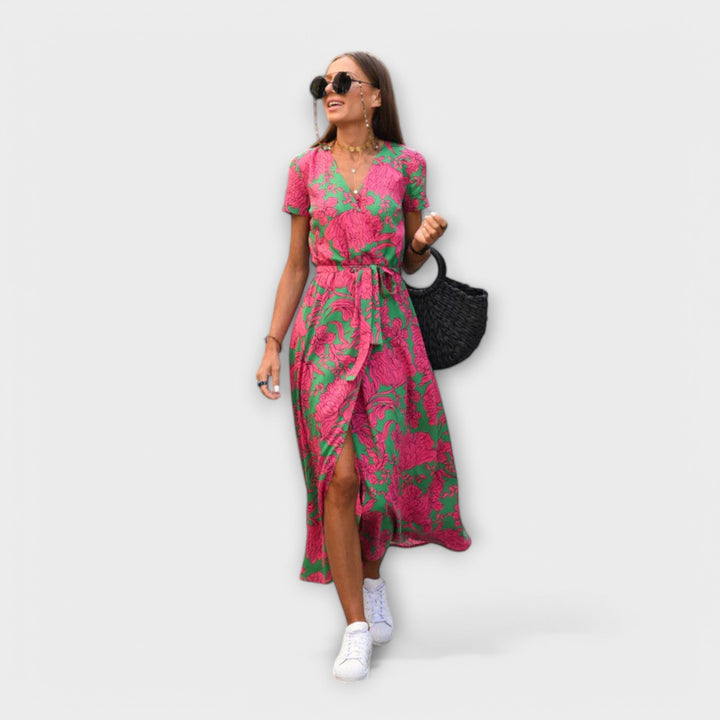 Eshel - Pink-grünes bequemes Kleid mit Blütenmuster